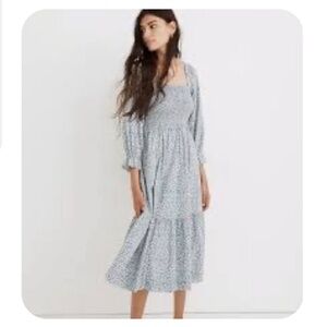 Madewell Lucie Elbow-Sleeve Smocked Midi
Dress in Blue Floral